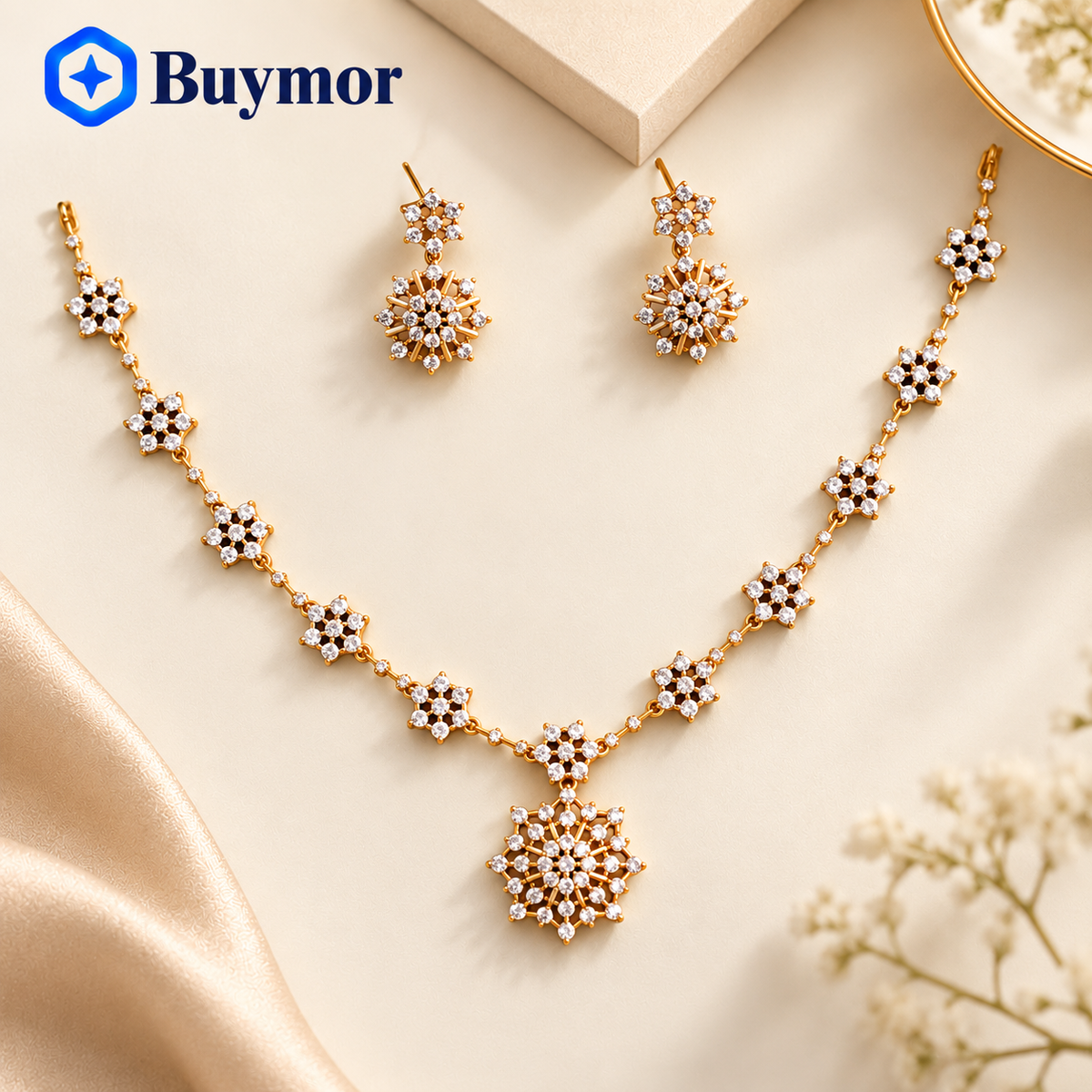 Elegant Matte Gold Plated AD Stone Flower Necklace & Earring Set for Women