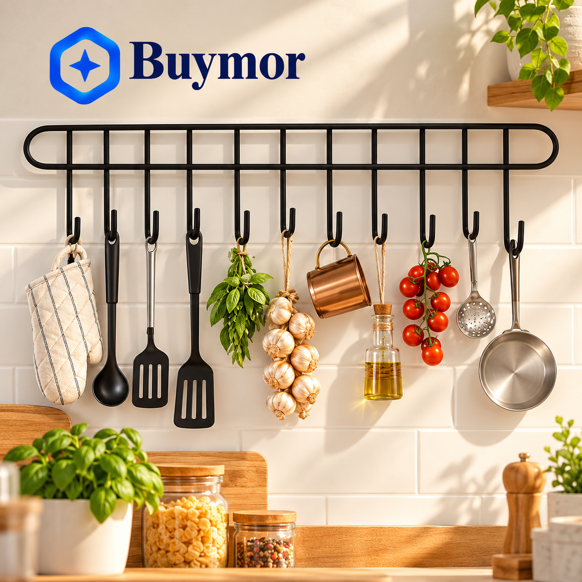 Elegant Wall Mount Kitchen Spoon Stand Railing Bar Organizer with Strong Hooks for Non Stick Cooking Spatula Ladle Pan and Kitchen Mug Holder
