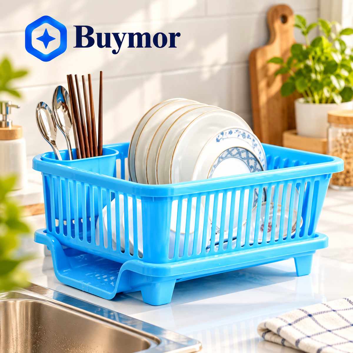 AXN 3 in 1 Large Durable Plastic Kitchen Sink Dish Rack Drainer Drying Rack Washing Basket with Tray for Kitchen, Dish Rack Organizers Blue
