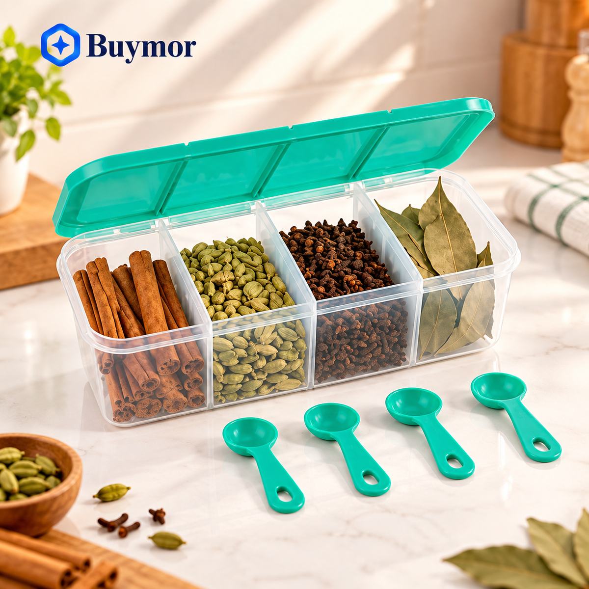 Azalox Premium Plastic Storage Container with 4 Compartments and Spoons