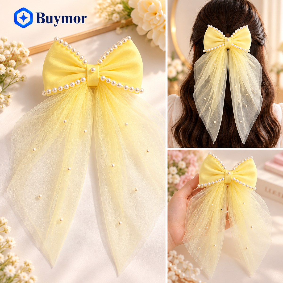 Premium Pearl Net Bow Hair Clip for Girls & Women