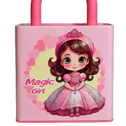 A pink metal tin shaped like a padlock with a curved pink handle, featuring a cartoon princess illustration and the words 'Magic Girl' on the front.