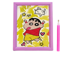 A framed diamond painting kit showing a cartoon character on a yellow background, displayed with a pink frame, a pink pen tool, and a bag of colorful paint beads