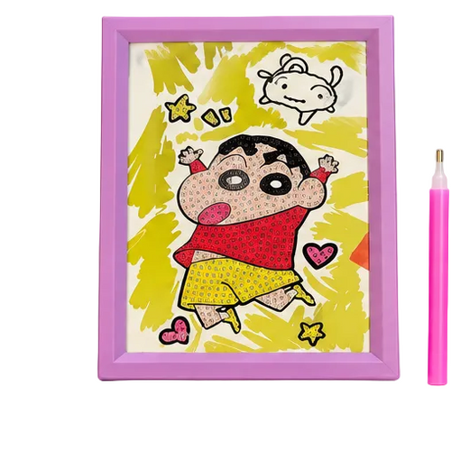 A framed diamond painting kit showing a cartoon character on a yellow background, displayed with a pink frame, a pink pen tool, and a bag of colorful paint beads
