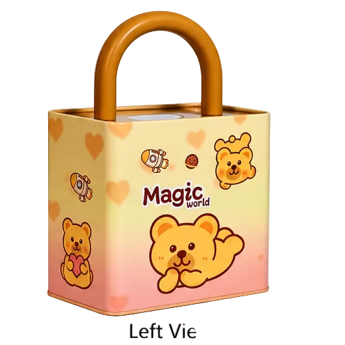 A square metal tin with a rounded handle, decorated with cartoon teddy bears, hearts, and the text 'Magic world'. The tin has a yellow-to-pink gradient background with heart patterns.