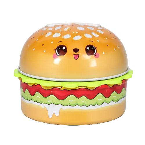 A cute, kawaii-style plastic toy container shaped like a hamburger, featuring a smiling face on the sesame seed bun lid, layered cheese, lettuce, and tomato details
