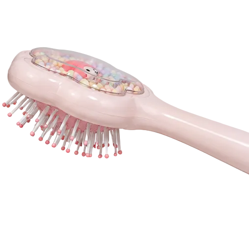 A pink electric hairbrush with a clear cover showing colorful internal beads