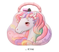 A pink hard-shell carrying case with a bamboo-style handle, featuring a large pastel unicorn illustration on the front. The case is shown against a light gray studio background with the text 'Front View' below it.